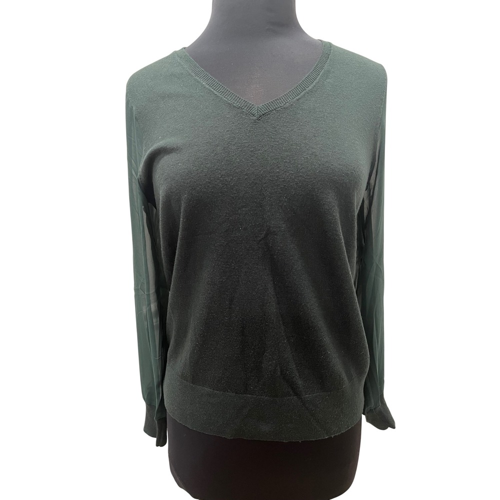 Ann Taylor Womens Green Mixed Media Sheer Sleeve V-Neck Sweater Size M